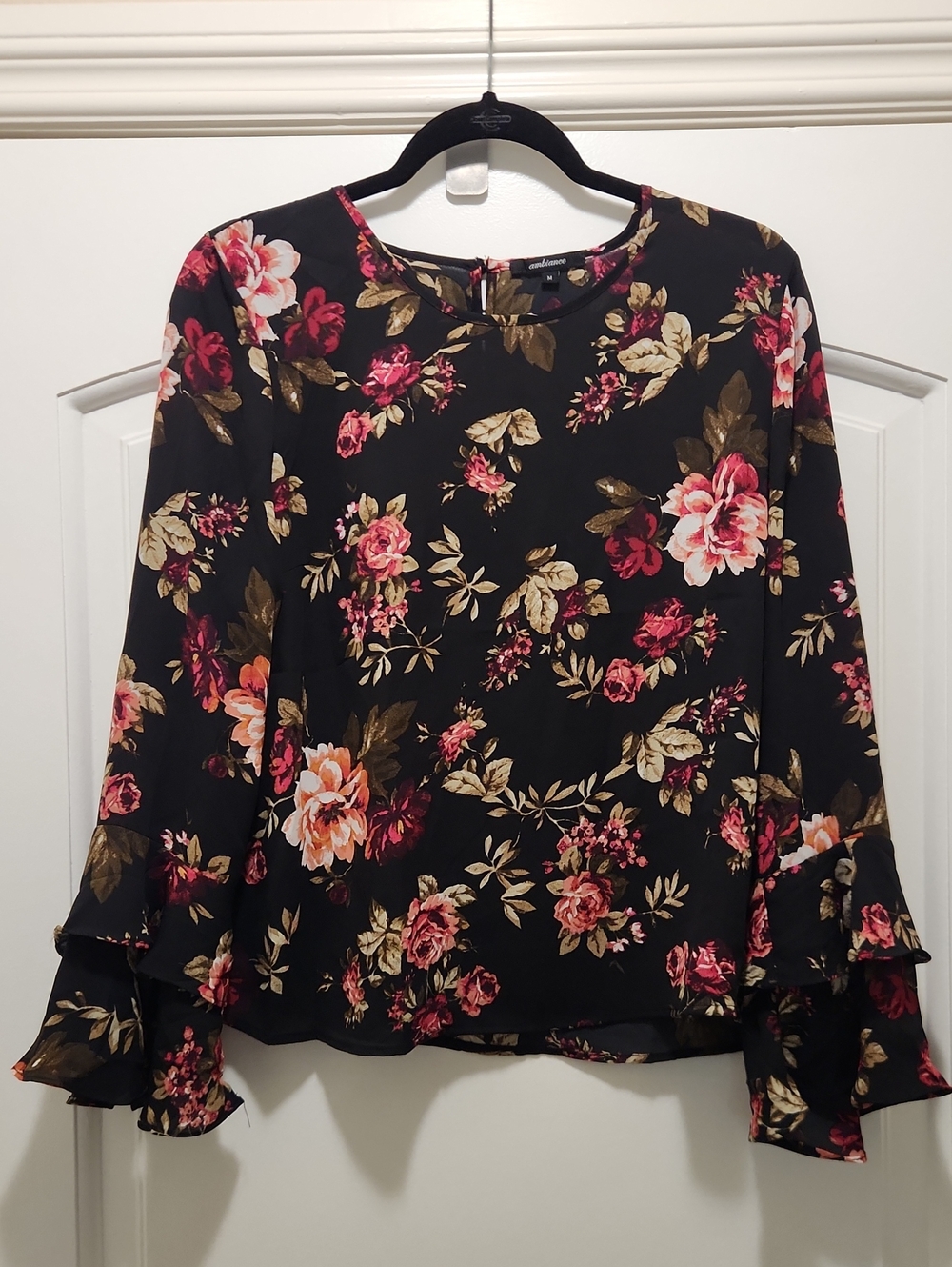 Ambiance Black Floral Ruffle-Sleeve Blouse